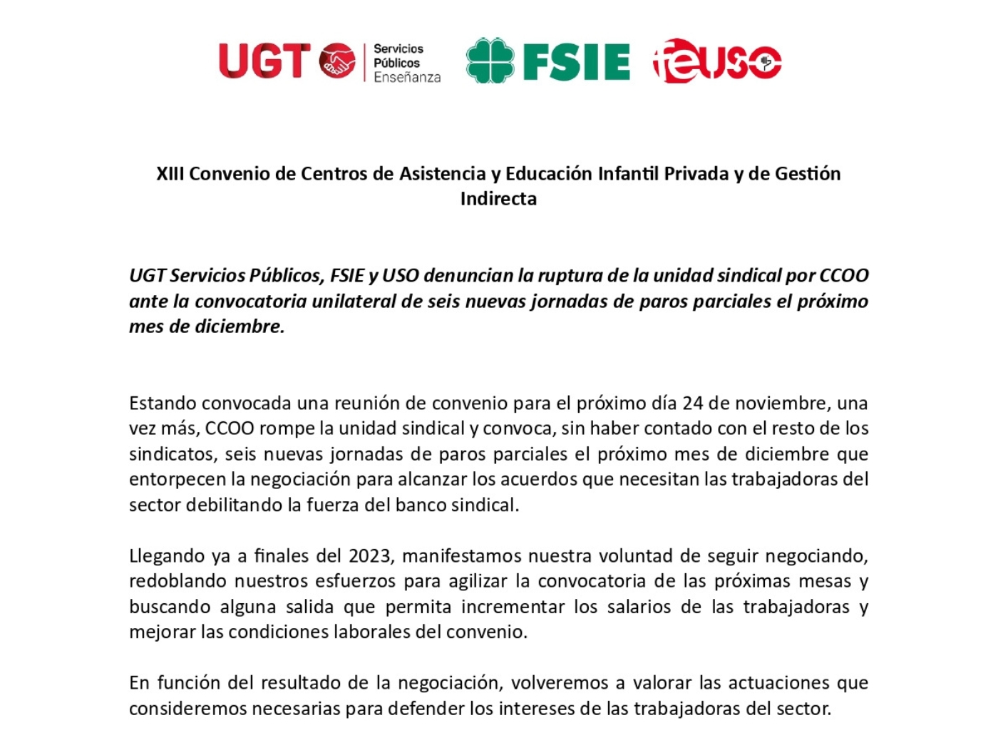 Comunicado conjunto entre UGT FSIE USO 22 noviembre Convenio Infantil